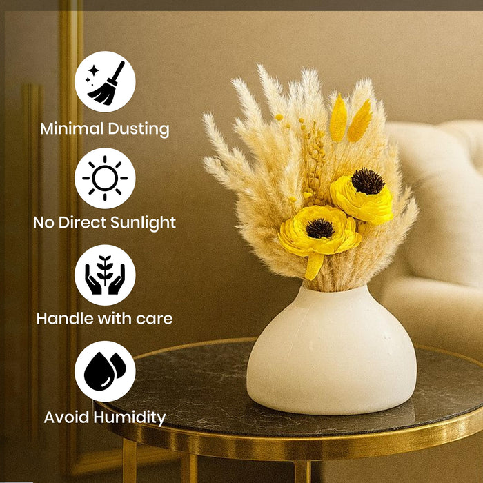Art Street White Ceramic Decorative Vase with Pampas Grass & Yellow Wood Flowers | Minimalist Table Decor | Aesthetic Home Decoration for Living Room, Bedroom, Entryway | Dried Flower Arrangement Set