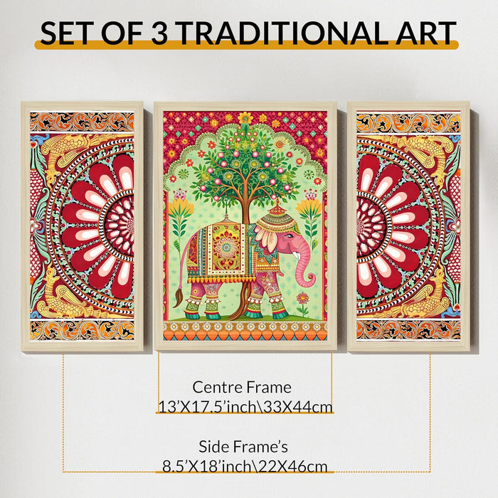 Elephant and Flowers Madhubani Framed Wall Art Painting Home Décor Pack Of 3 | Digital Scenery Painting with Frame | Suits for Hallways, Living Room, Office Set Of 3 22x46 cm, 33x44 cm