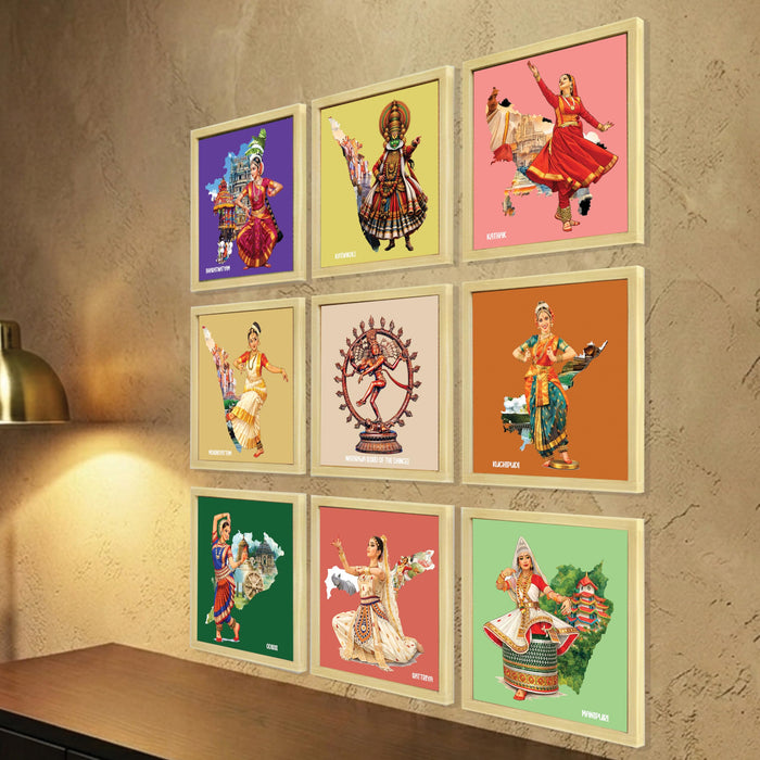 Indian Classical Dance forms Wall Art Paintings with Frame For Living Room | Traditional Indian Dance Culture Framed Wall Art Paintings for Home, Set of 9, (9x9 Inch)