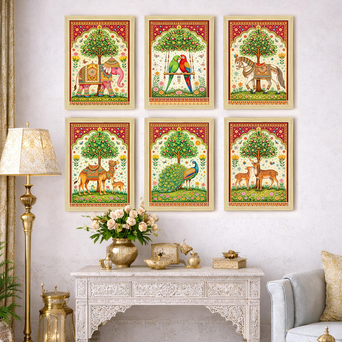 Indian Madhubani Painting With Frame for living room, Folk Style Garden Framed Wall Art Painting for Home Decor Set of 6, Size 9.5 by 12.5 Inch
