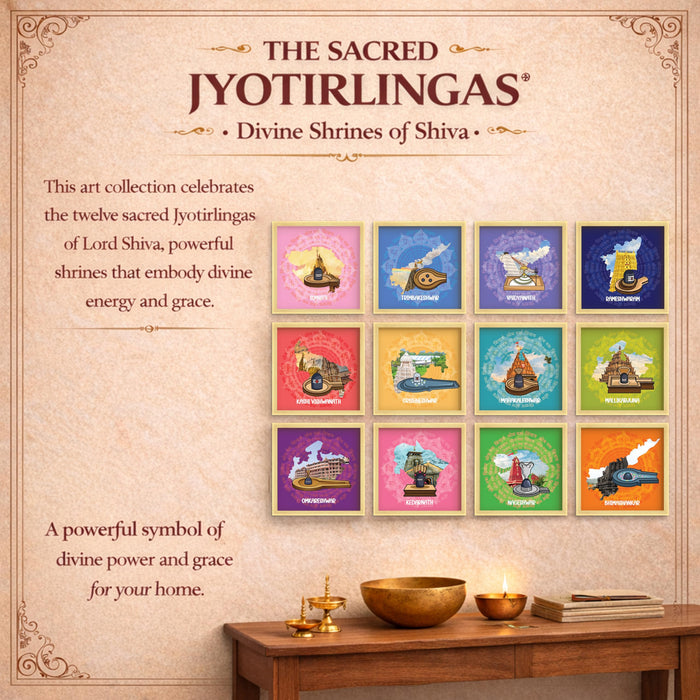 12 Jyotirlinga Wall Art Painting For Living Room | Lord Shiva Sacred Temples Framed Wall Art Paintings | Spiritual Home Decor Frames for Pooja Room, Office | Religious Gift Set (Set of 12), 9x9 Inch