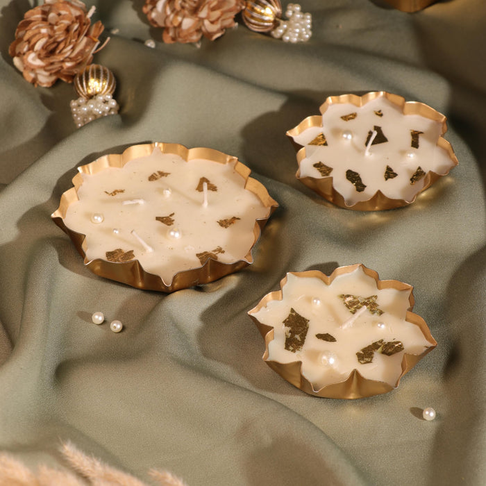 Mogra Scented Soy Wax Lotus Urli Candle Gift Set - Scented Floral Urli Candles Set of 3 (One Big, Two Small) for Gifting & Home Decor (Mogra)