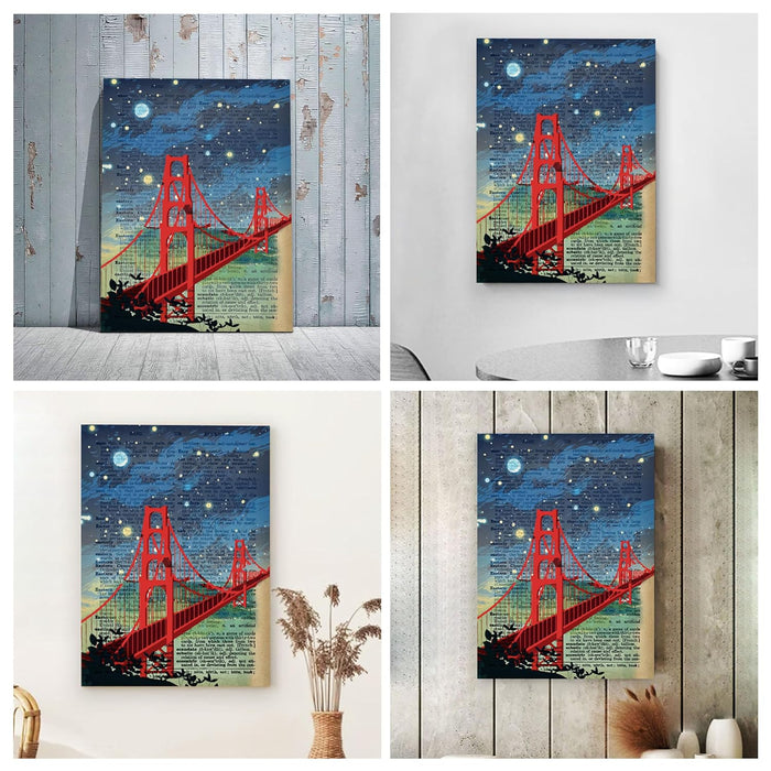 Art Street Stretched Canvas Painting Golden Gate Bridge City Dictionary Wall Art for Home Decor, Living room, Office, Hotel & Bedroom Size (12x16 inch)