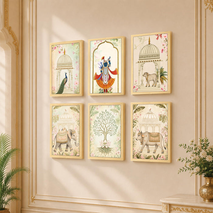 Traditional Shrinathji Pichwai Wall Art Painting, Holy Cow, Elephant & Tree of Life Theme Wooden Framed Wall Art Print for Living Room, Bedroom & Home Decor (Set of 6, 13x9 inch)