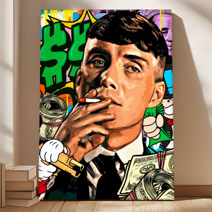 PAINTINGMANTRA Bold Street Pop Art Gentleman Smoking Stretched Canvas Painting Print| Money & Power Graffiti Wall Art | Modern Luxury Wall Décor for Home & Office, 56x86 cm