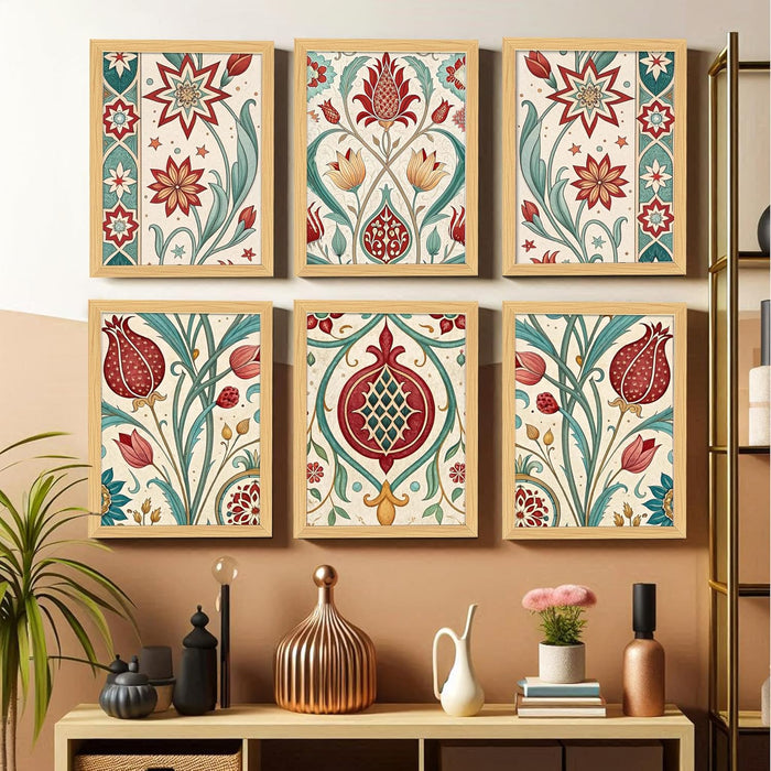 Framed Art Print Set of 6 Floral Turkish and Islamic Wall Art Prints Indian and Madhubani Inspired Prints 23x32 cm