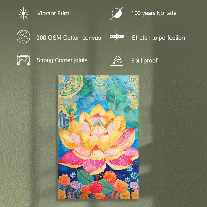 Modern Abstract Multicolor Lotus Flower Art Stretched Canvas Painting with Frame – Canvas Wall Art – 23x35 Inch Framed Canvas