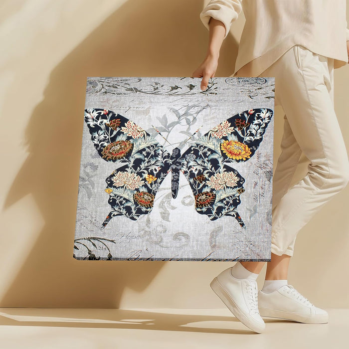 Gray and Black Butterfly Floral Art Print, Floral Large Decorative Canvas Modern Art Paintings.