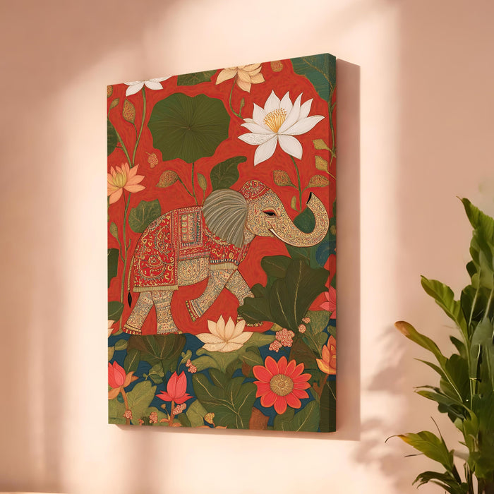 Indian Lotus Elephant Stretched Canvas Painting For Living Room | Madhubani Wildlife Stretched Canvas Wall Art For Livingroom Home Decor, Bedroom, Hallway's, Office, Hotel - 56x86 cm