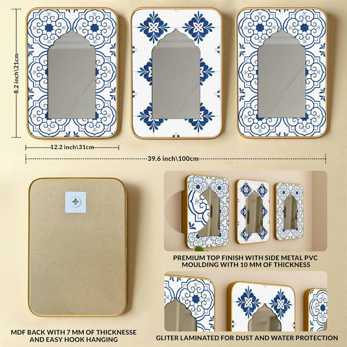Decorative Jharokha Acrylic Mirror Set of 3 Blue Abstract Floral Pattern Printed Gold Metal Finish Décor Mirror (8.2x12.2 Inches)