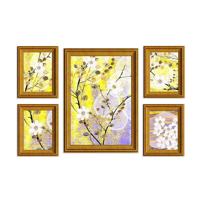 Art Street Blossom Floral White & Yellow Framed Art Print For Living Room, Decorative Home & Wall Decor - Set Of 5 (Gold, 4 Pcs-5x7 Inch, & 12x16 Inch)