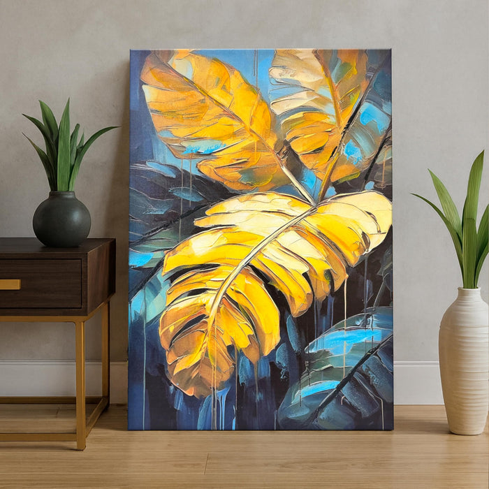 Stretched Canvas Tropical Leaf Art Wall Art Painting Abstract Yellow and Blue Leaves 3D Painting Abstract Paintings for Bedroom Office Wall Décor Hand Painted 61x91 cm
