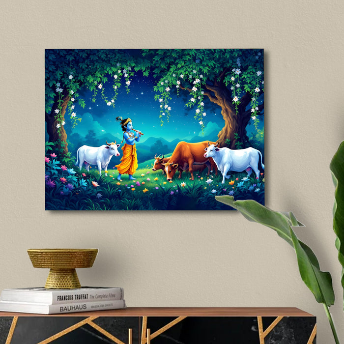 Lord Krishna Canvas Wall Painting with Cows | Vrindavan Krishna Flute Art | Spiritual Religious Wall Decor for Living Room, Bedroom, Office (16x22 Inch)
