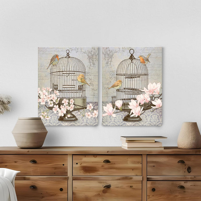 Floral Bird Theme Stretched Canvas Painting Art Print Pack of 2 | Digital Print On Stretched-Canvas (30x41 CM)