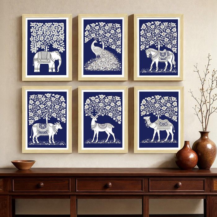Traditional Indian Folk Painting With Frame for living room, Tree of Life Animal Framed Wall Art Painting for Home Decor Set of 6, Size 9.5 by 12.5 Inch