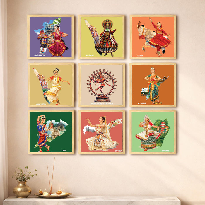 Indian Classical Dance forms Wall Art Paintings with Frame For Living Room | Traditional Indian Dance Culture Framed Wall Art Paintings for Home, Set of 9, (9x9 Inch)