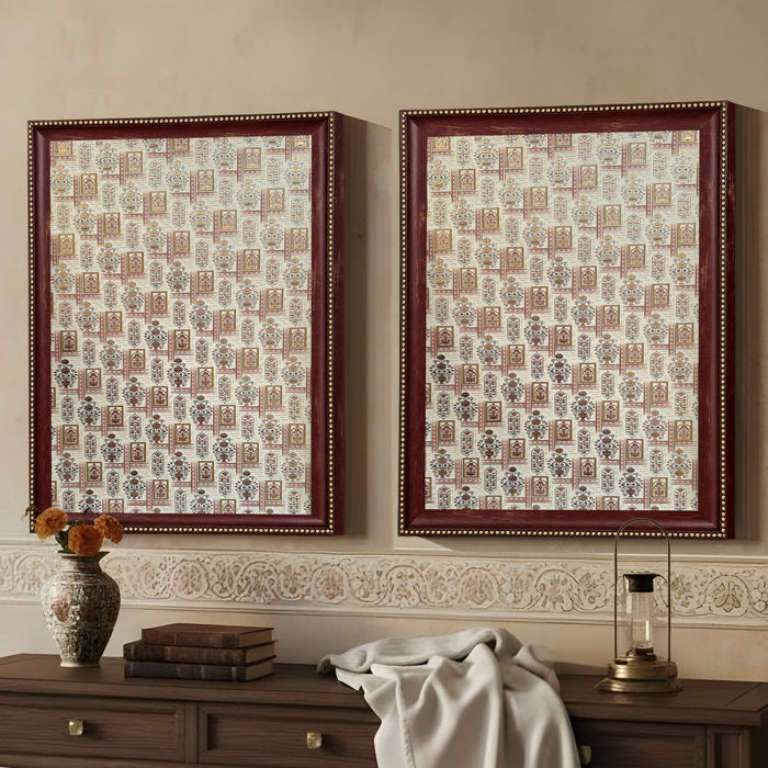 Pack of 2 Indian Pichwai Madhubani Maroon Framed Art-Print Wall Art Set Antique Nature Traditional Wall Décor Glitter Gold Foil Art Prints For Living Room, Bedroom, Office 35x45 cm