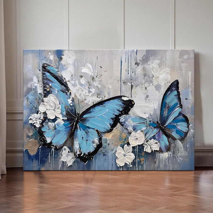 Abstract Butterfly Wall Art Blue Butterfly Stretched Canvas Painting for Living Room Abstract 3D Textured Paintings for Bedroom Office Wall Décor Hand Painted Canvas Art 61x91 cm