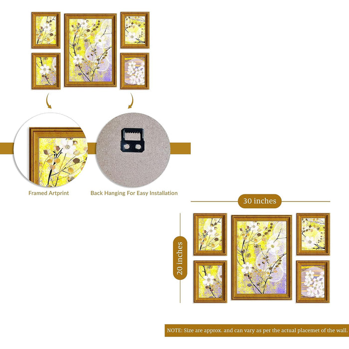 Art Street Blossom Floral White & Yellow Framed Art Print For Living Room, Decorative Home & Wall Decor - Set Of 5 (Gold, 4 Pcs-5x7 Inch, & 12x16 Inch)