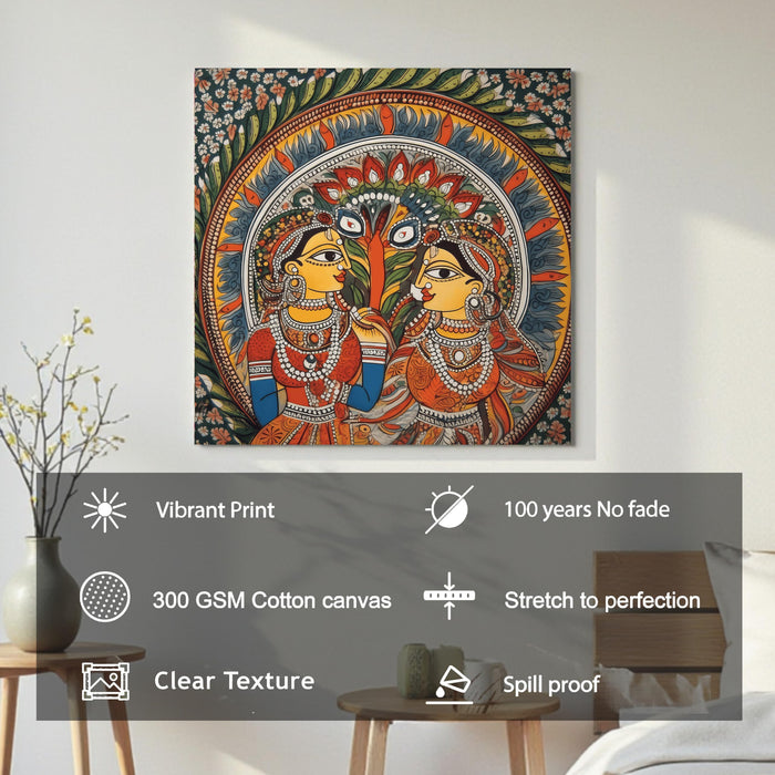 Madhubani Two Women Painting for Wall Decoration | Flower Canvas Wall Painting for Living Room, Bedroom, Home and Office Wall Decor (41x41 Cm)