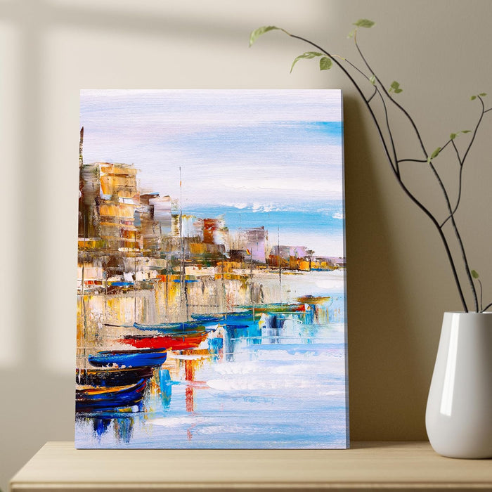 Art Street Stretched On Frame Canvas Painting City Side on River Bank, Harbor Art For Living Room, Decorative Home & Wall Décor Abstract Art (Size: 16x22 Inch)