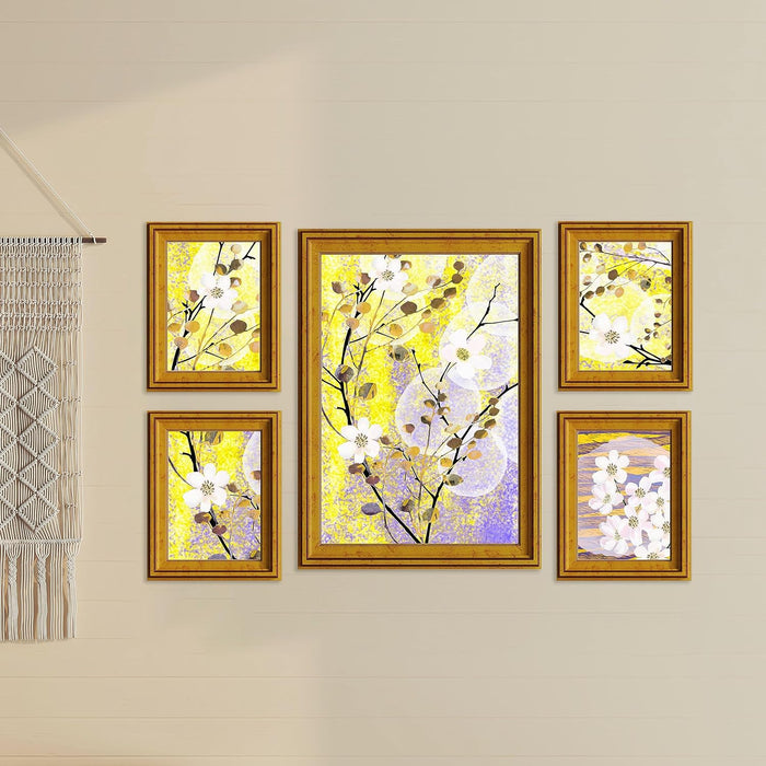 Art Street Blossom Floral White & Yellow Framed Art Print For Living Room, Decorative Home & Wall Decor - Set Of 5 (Gold, 4 Pcs-5x7 Inch, & 12x16 Inch)