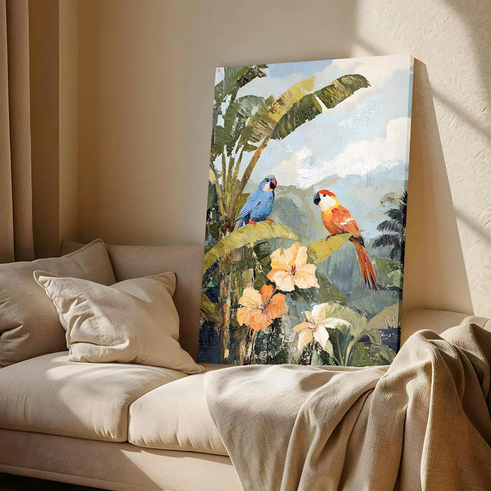 Landscape Abstract Canvas Wall Art Painting Birds Standing on Branch Multicolor | Digital Painting on Canvas Stretched on Wood (22x34 Inch)