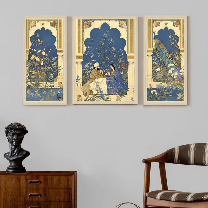 Botanicals Pichwai Framed Wall Art Painting Home Décor Pack Of 3 | Digital Scenery Painting with Frame, Set Of 3 22x46 cm, 33x44 cm