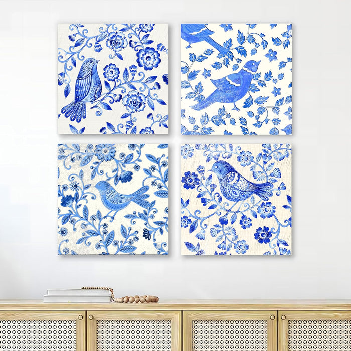 Set of 4 Stretched Canvas Painting Blue Flowers and Birds Moroccan Pattern Art.