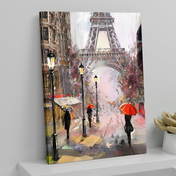 Art Street Stretched On Frame Canvas Painting Eiffel Tower People Under Red Umbrella Art For Living Room, Decorative Home & Wall Décor Abstract Art (Size: 16x22 Inch)