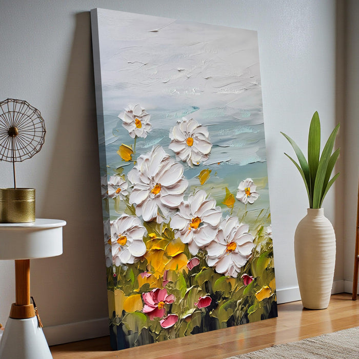 Stretched Canvas Wall Art Abstract White Daisy Flower 3D Paintings Vastu Hand Painted Abstract Canvas Painting for Living Room Art 3D Textured Floral Positive Wall Paintings 61x91 cm