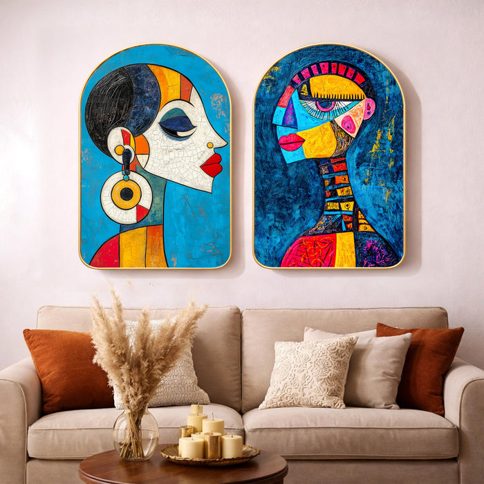 Abstract Women Face Modern Nordic Wall Art Painting Set of 2 for Living Room, Metallic PVC Gold Moulding 16x24 Inch