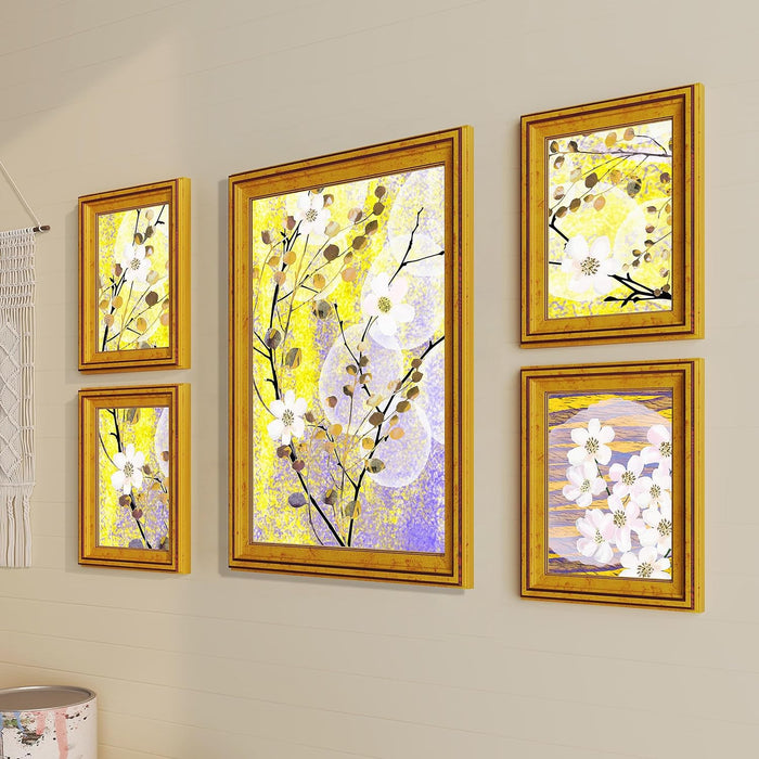 Art Street Blossom Floral White & Yellow Framed Art Print For Living Room, Decorative Home & Wall Decor - Set Of 5 (Gold, 4 Pcs-5x7 Inch, & 12x16 Inch)