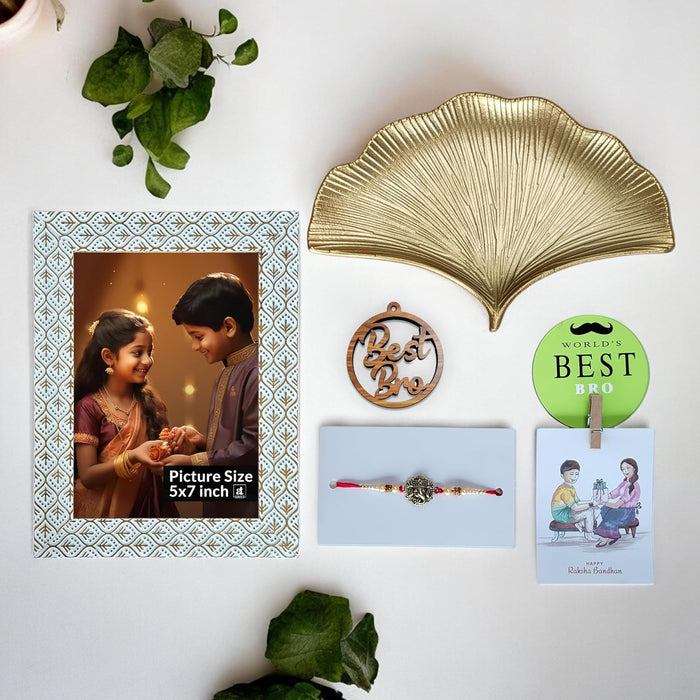 Art Street Rakhi Gift Hamper Combo Set-One 5x7 Inch Tectured Photo Frame & Ganesh Rakhi for Brother, Best Bro Keychain, Decorative Tray,One Photo Clip Best Brother Fridge Magnet Rakshabandhan Rakhi