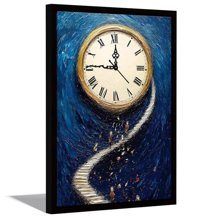 Portrait Abstract moon ladder Dreamlike Multicolor Framed Canvas wall art With Clock | Painting with clock, 43x58 cm