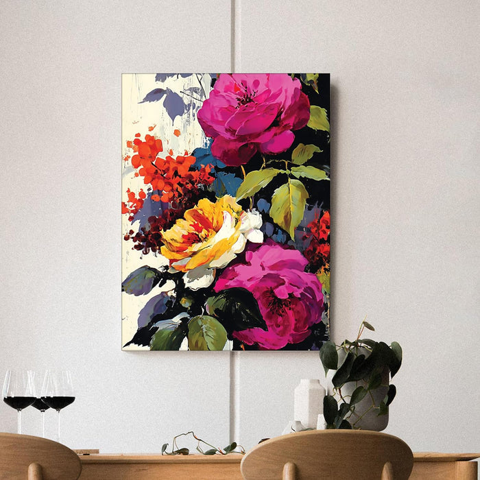 Abstract Floral and Botanical Art Print in Pink, Yellow, and Red | Digital Painting On Canvas Stretched on Wood (16x22 Inch)
