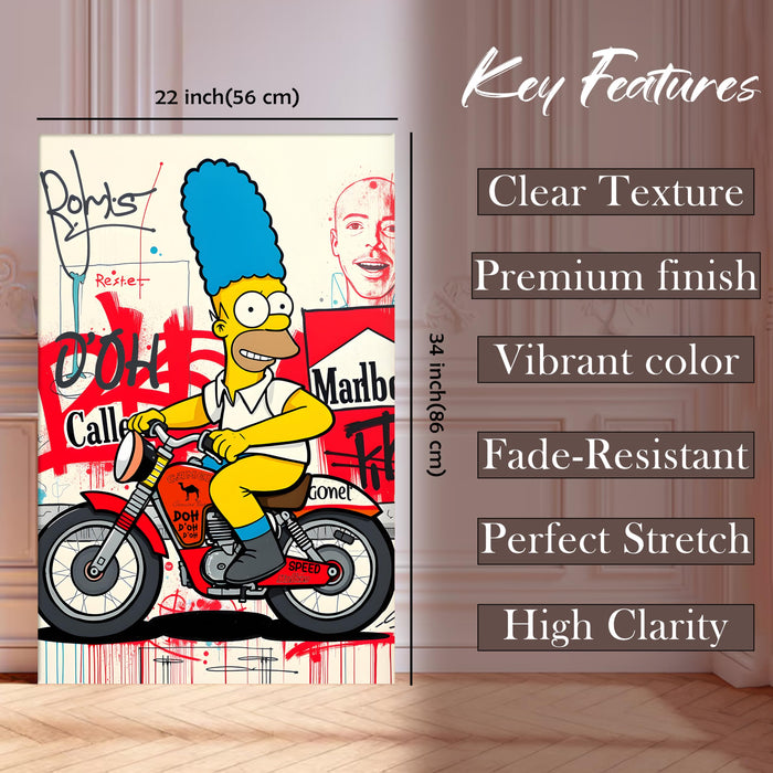 Cartoon Rider Graffiti Stretched Canvas Painting Print | Pop Art Street Style Wall Décor | Modern Abstract Wall Art for Home & Office, 56x86 cm