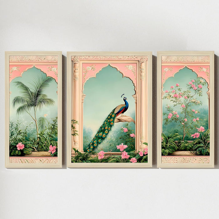 Pichwai Framed Wall Art Painting Home Décor Pack Of 3 | Digital Scenery Painting with Frame, Set Of 3, 22x46 cm, 33x44 cm