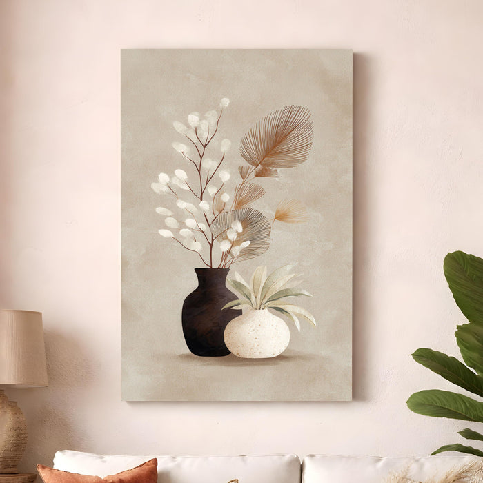 Boho Vase Pampas Stretched Canvas Painting For Living Room | Neutral Decor Stretched Canvas Wall Art For Livingroom Home Decor, Bedroom, Hallway's, Office, Hotel - 56x86 cm