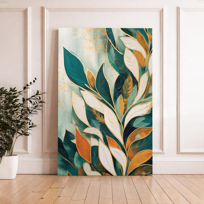 Abstract Botanical Leaves Stretched Canvas Painting For Living Room | Boho Tropical Stretched Canvas Wall Art For Livingroom Home Decor, Bedroom, Hallway's, Office, Hotel - 56x86 cm