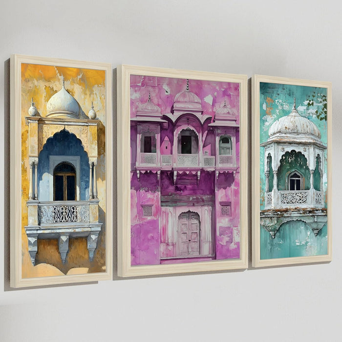 Botanicals Pichwai Framed Wall Art Painting Home Décor Pack Of 3 | Digital Scenery Painting with Frame, Set Of 3 22x46 cm, 33x44 cm