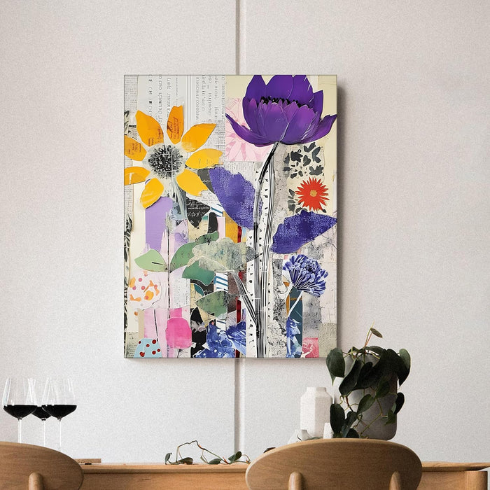 Abstract Collage Floral Art Newspaper Pattern in Multicolor | Digital Painting On Canvas Stretched on Wood (16x22 Inch)