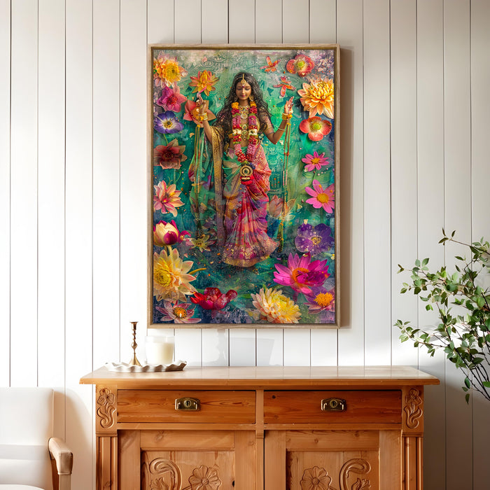 Large Canvas Painting Panel Framed Wall Art Print Indian Goddess Framed Luxury Paintings for Home Décor (Light Green, 23x35 Inch)