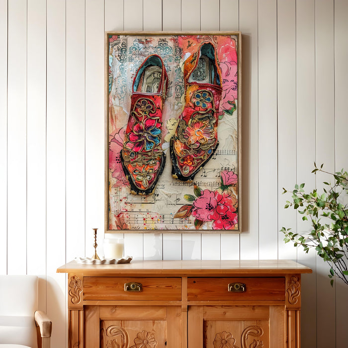 Large Canvas Painting Panel Framed Wall Art Print Vitage Floral Shoes Framed Luxury Paintings for Home D̩cor (Pink, 23x35 Inch)