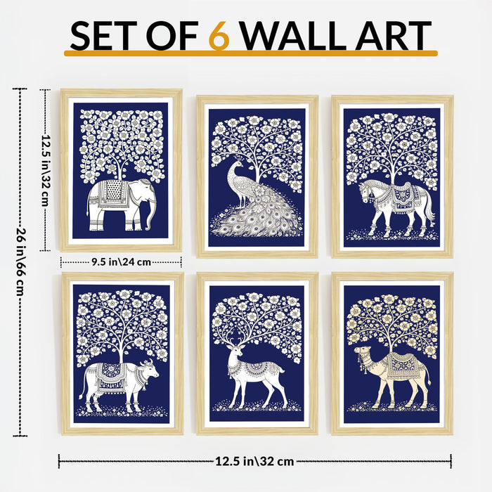 Traditional Indian Folk Painting With Frame for living room, Tree of Life Animal Framed Wall Art Painting for Home Decor Set of 6, Size 9.5 by 12.5 Inch