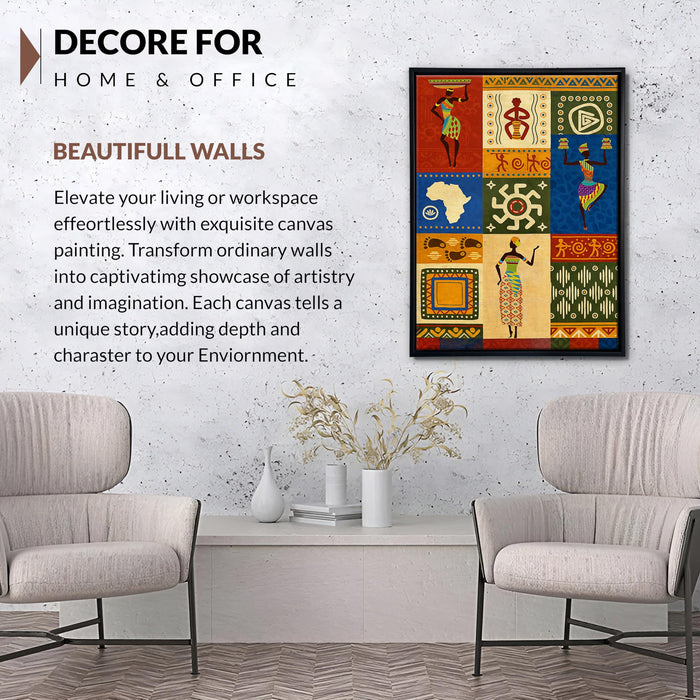 African Warli Art Framed Canvas Painting for Living Room Wall Deocr, African Cultural Motifs Framed Canvas Wall Art for Bedroom Home, Hallways Office Hotel, Size 43x58 cm