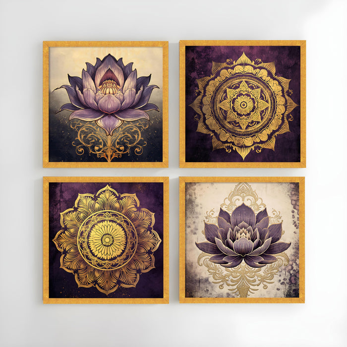 PAINTINGMANTRA Lotus Mandala Wall Décor Set of 4 | Spiritual Golden Floral Wall Paintings for Living Room, Bedroom, Home & Office, (13.2x 13.2 inch)