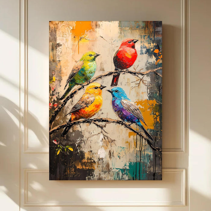Landscape Abstract Canvas Wall Art Painting Birds Standing on Branch Multicolor | Digital Painting on Canvas Stretched on Wood (22x34 Inch)