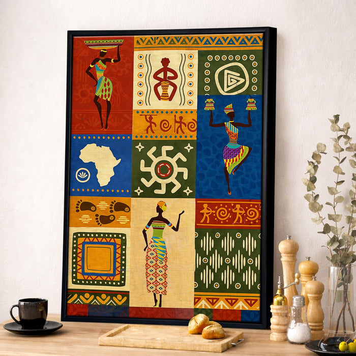 African Warli Art Framed Canvas Painting for Living Room Wall Deocr, African Cultural Motifs Framed Canvas Wall Art for Bedroom Home, Hallways Office Hotel, Size 43x58 cm