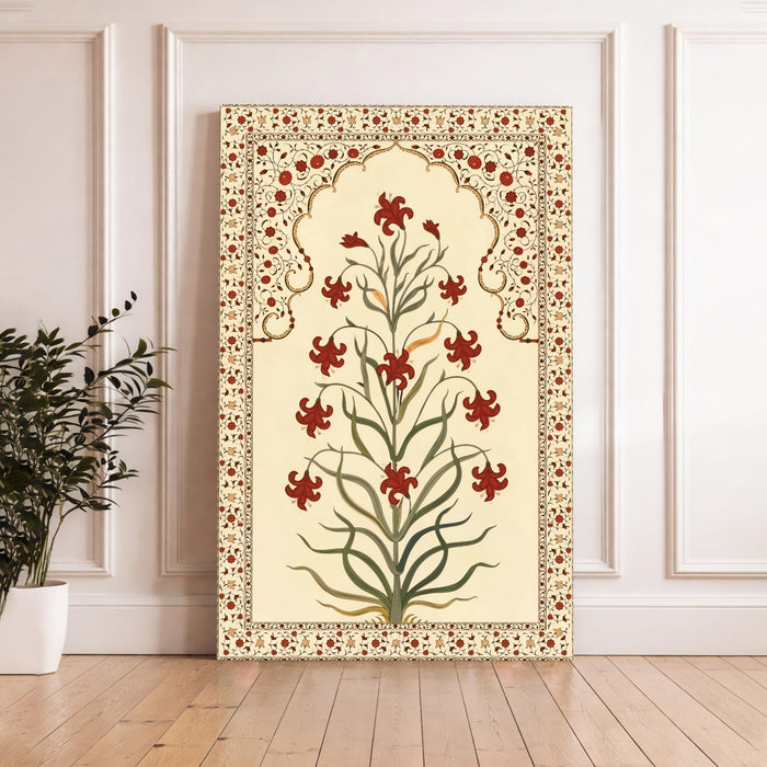 Madhubani Floral Jharokha Stretched Canvas Painting For Living Room | Mughal Garden Stretched Canvas Wall Art For Livingroom Home Decor, Bedroom, Hallway's, Office, Hotel - 56x86 cm